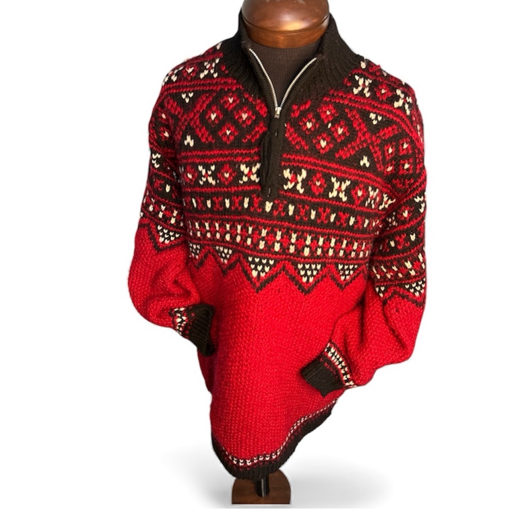 Fair Isle Half-Zip Sweater Mens Nordic Ski Lodge Wool Blend Cold Weather Large - Picture 2 of 14
